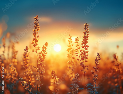 cozy meadow with wheat, grain and cereal in the sunset, farm, field, beautiful, golden hour photo