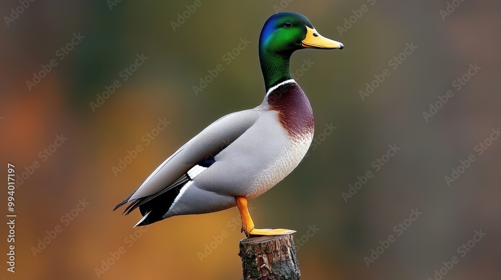 Obraz premium Mallard Duck Standing on a Log in a Natural Setting