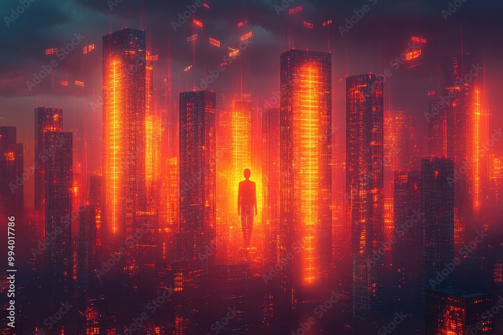 A human figure standing within a digital fortress surrounded by firewalls representing cybersecurity defenses A human figure standing within a digital fortress surrounded by firewalls representing cybersecurity defenses