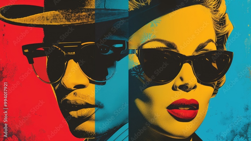 A stylish man and woman in sunglasses, with a bold color palette ...