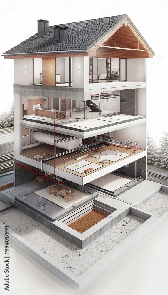 Detailed Cross Section of Building Floor with Underfloor Heating System and Insulation Layers for Energy Efficiency Detailed Cross Section of Building Floor with Underfloor Heating System and Insulation Layers for Energy Efficiency