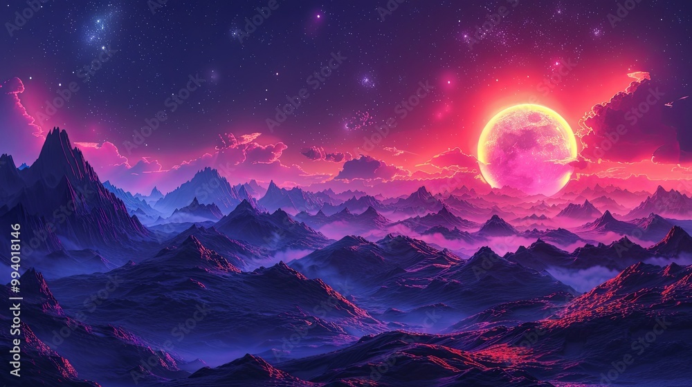 Colorful Retro Sci Fi illustration with space landscape, alien planets and extraterrestrial surfaces, coloring page and cartoon game concept background Colorful Retro Sci Fi illustration with space landscape, alien planets and extraterrestrial surfaces, coloring page and cartoon game concept background