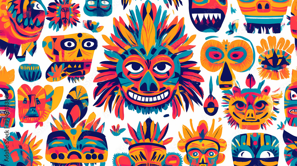 Obraz premium Vibrant and colorful pattern featuring traditional mexican folk art elements, such as tiki masks. Folk Art. Illustration