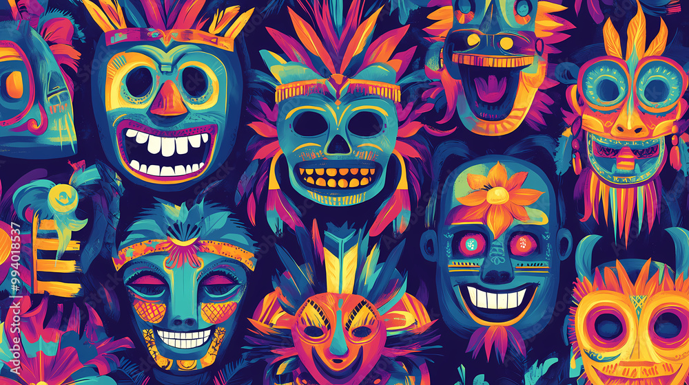Naklejka premium Vibrant and colorful pattern featuring traditional mexican folk art elements, such as tiki masks. Folk Art. Illustration