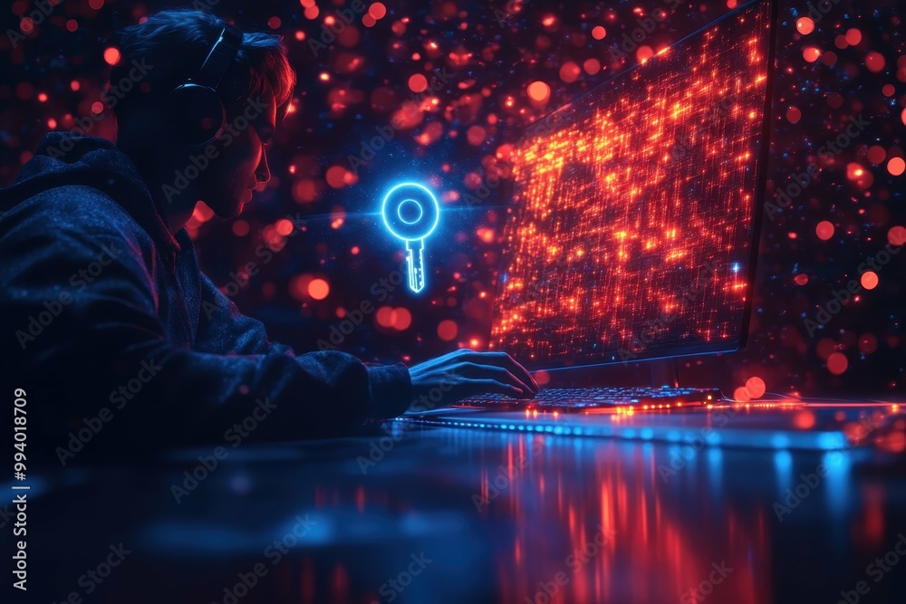 A person working on a computer with a holographic key appearing above the keyboard symbolizing secure access A person working on a computer with a holographic key appearing above the keyboard symbolizing secure access