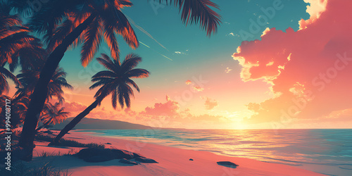 Tropical Beach Sunset with Palm Trees