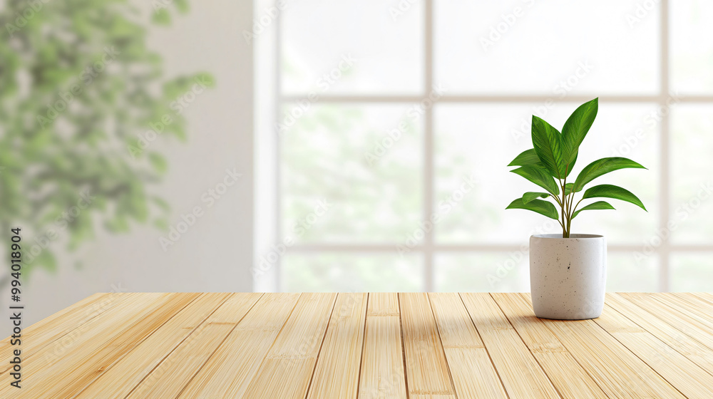 Minimalist dining area with bamboo table and potted plant, creating serene atmosphere Minimalist dining area with bamboo table and potted plant, creating serene atmosphere