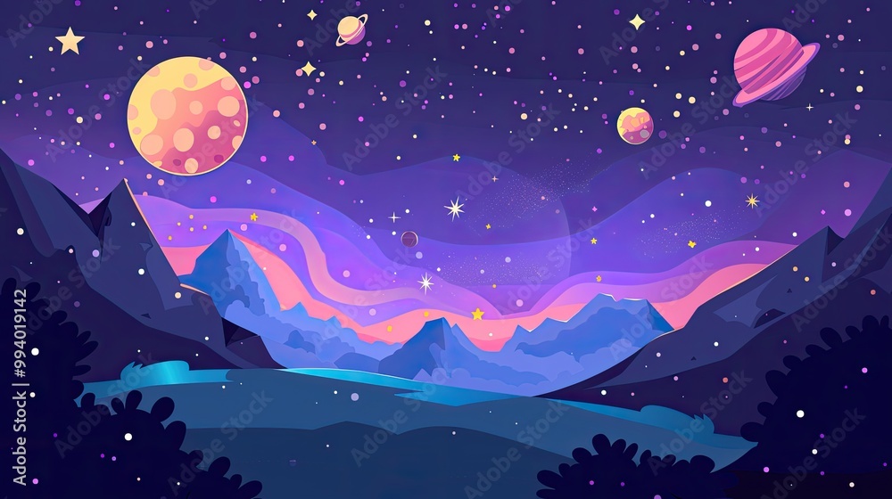 Vibrant stylized outer space illustration with planets and stars Vibrant stylized outer space illustration with planets and stars