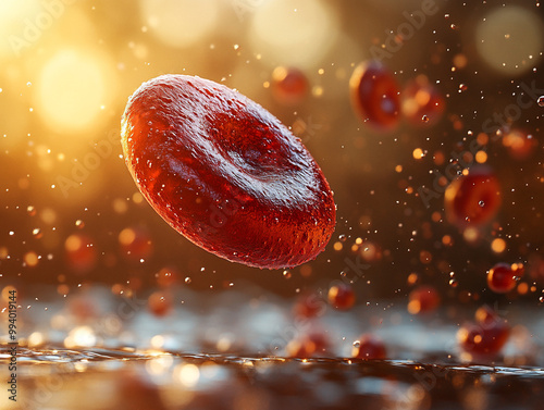 Red blood cell floating in a soft, blurred background. The vibrant, red cell stands out sharply with its smooth photo