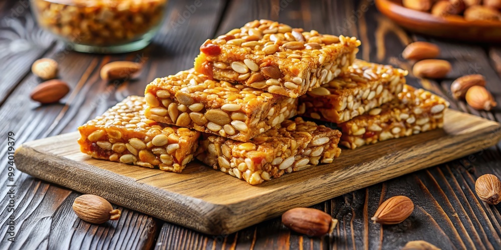 Delicious homemade chikki made from peanuts, jaggery, and sesame seeds on a rustic wooden surface Delicious homemade chikki made from peanuts, jaggery, and sesame seeds on a rustic wooden surface