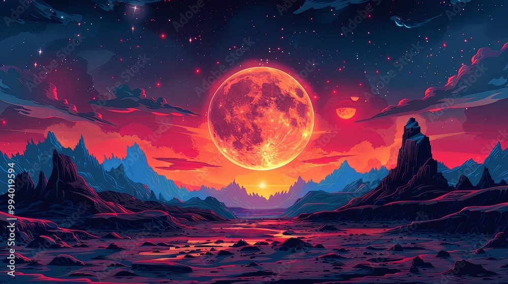 Colorful Retro Sci Fi illustration with space landscape, alien planets and extraterrestrial surfaces, coloring page and cartoon game concept background Colorful Retro Sci Fi illustration with space landscape, alien planets and extraterrestrial surfaces, coloring page and cartoon game concept background