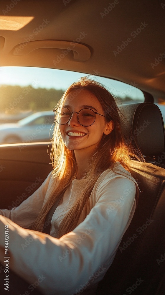 Radiant smile illuminates the car interior as golden hour sunlight streams through the window, creating a warm and joyful atmosphere on a carefree drive. Radiant smile illuminates the car interior as golden hour sunlight streams through the window, creating a warm and joyful atmosphere on a carefree drive.