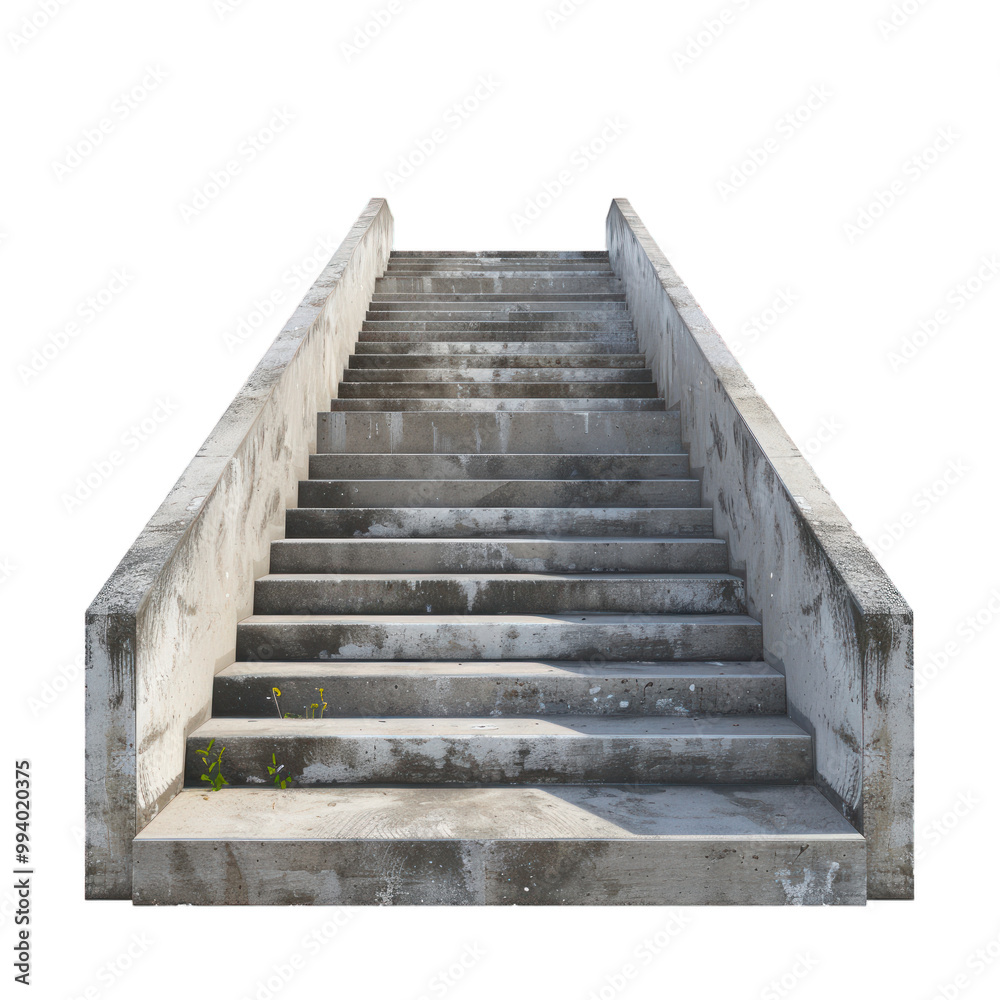 Old concrete stairway leading upwards on white background, perfect for concepts about challenge or achievement Old concrete stairway leading upwards on white background, perfect for concepts about challenge or achievement