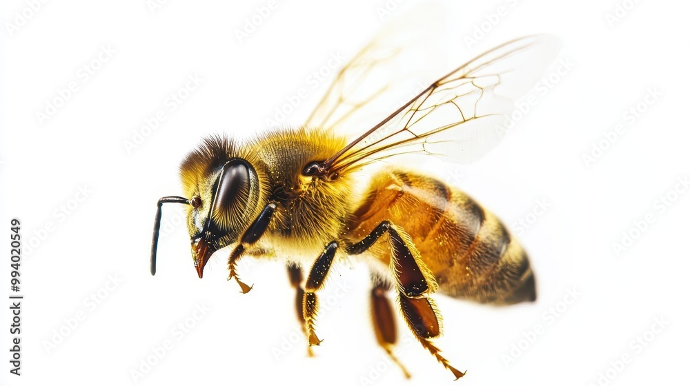 macro photography of honey bee in flight intricate wing structure golden body covered in pollen compound eyes in sharp focus soft white background emphasizing details macro photography of honey bee in flight intricate wing structure golden body covered in pollen compound eyes in sharp focus soft white background emphasizing details