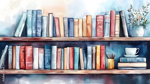 Watercolor Artistic using soft, brushy watercolor strokes, Single object picture Home Office â€“ a cozy bookshelf filled with inspiring books