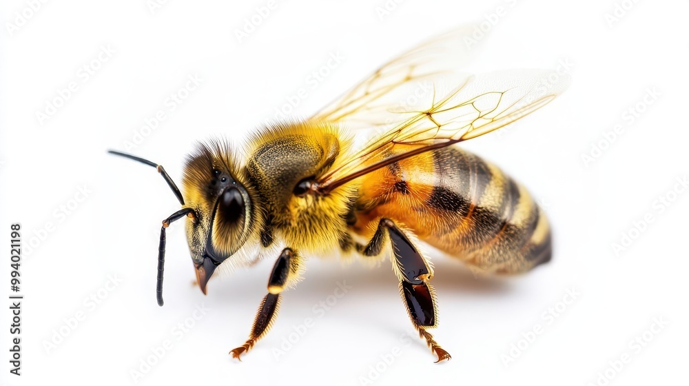 macro shot of honey bee in sharp focus intricate details of wings and body visible against pure white background golden hues highlighting delicate structures macro shot of honey bee in sharp focus intricate details of wings and body visible against pure white background golden hues highlighting delicate structures