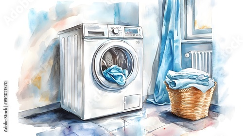 Watercolor Artistic using soft, brushy watercolor strokes, Single object picture Laundry Room â€“ a stylish dryer with fresh laundry folded nearby