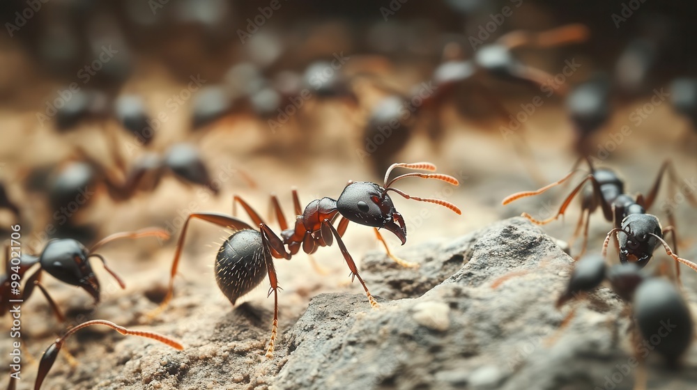 macro view of diligent worker ants in perfect formation traversing rough terrain in search of resources for their colony