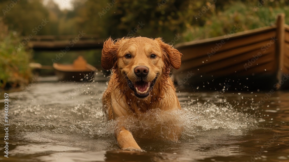 Golden retriever joyfully splashes through a serene river landscape on a sunny afternoon Golden retriever joyfully splashes through a serene river landscape on a sunny afternoon