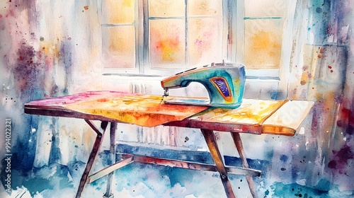 Watercolor Artistic using soft, brushy watercolor strokes, Single object picture Laundry Room â€“ an ironing board ready for use with a colorful iron