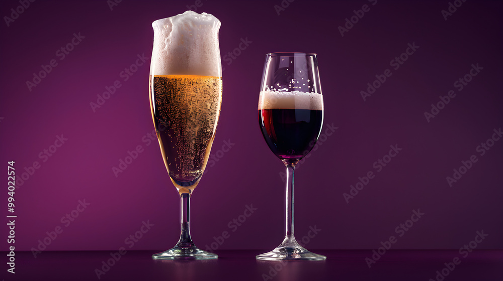 Two glasses of beer and wine are shown side by side Two glasses of beer and wine are shown side by side