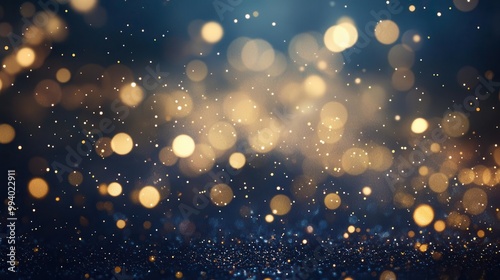 magical golden particles shimmering gold sparkles and bokeh effects floating against deep navy background creating a festive and luxurious atmosphere