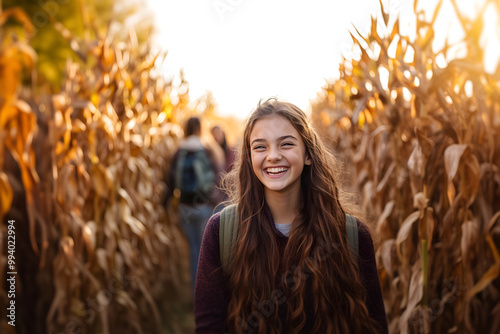 portrait of a teen girl having fun with friends in autumn corn maze photo