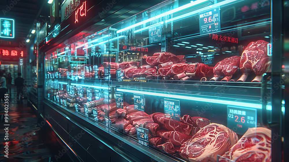 Meat aisle with various cuts displayed in a refrigerated grocery section. close-up of a meat fridge in a grocery store filled with various cuts of fresh meat various cuts of beef, pork and other meats Meat aisle with various cuts displayed in a refrigerated grocery section. close-up of a meat fridge in a grocery store filled with various cuts of fresh meat various cuts of beef, pork and other meats