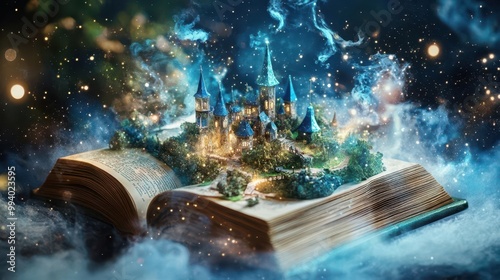 magical popup book with miniature fantasy worlds emerging from its pages surrounded by swirling stardust and literary elements photo