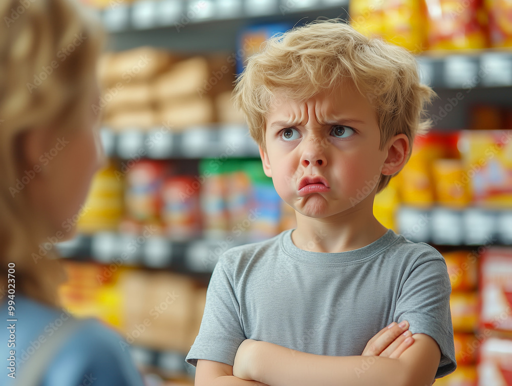 A grumpy little boy with blonde hair and blue eyes stands in a store, arms crossed, looking over his shoulder. Shelves filled with products add to the overall mood. A grumpy little boy with blonde hair and blue eyes stands in a store, arms crossed, looking over his shoulder. Shelves filled with products add to the overall mood.