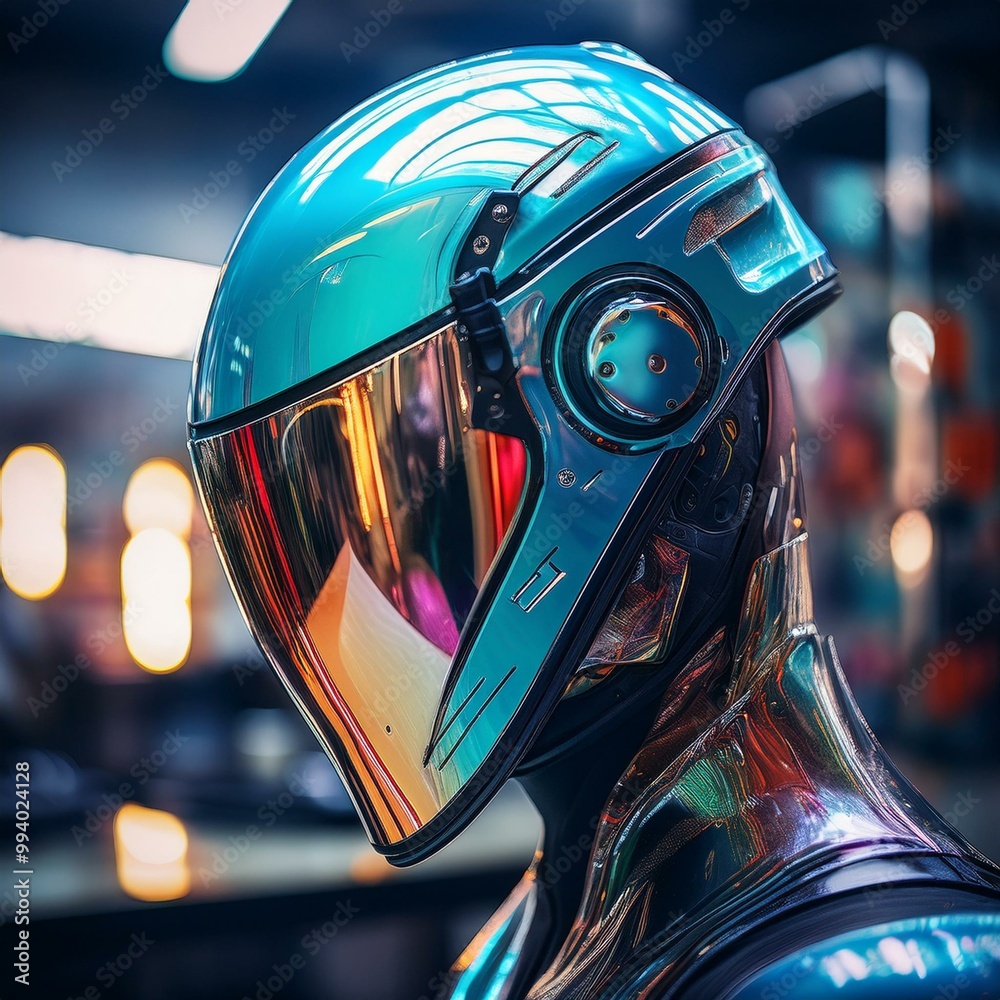 Fototapeta premium The iridescent helmet of a futuristic android gleams under workshop lights, its flawless surface reflecting vibrant hues. A sleek vision of tomorrow, captured in stunning detail.