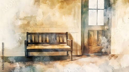 Watercolor Artistic using soft, brushy watercolor strokes, Single object picture Hallway/Entryway â€“ a cozy bench inviting guests to sit