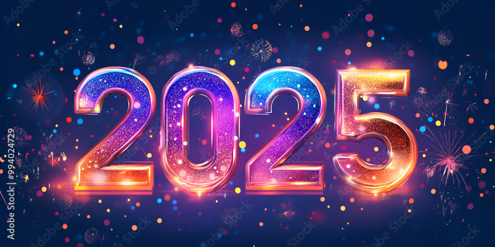 Sparkling Neon 2025 Celebration Design with Fireworks Sparkling Neon 2025 Celebration Design with Fireworks