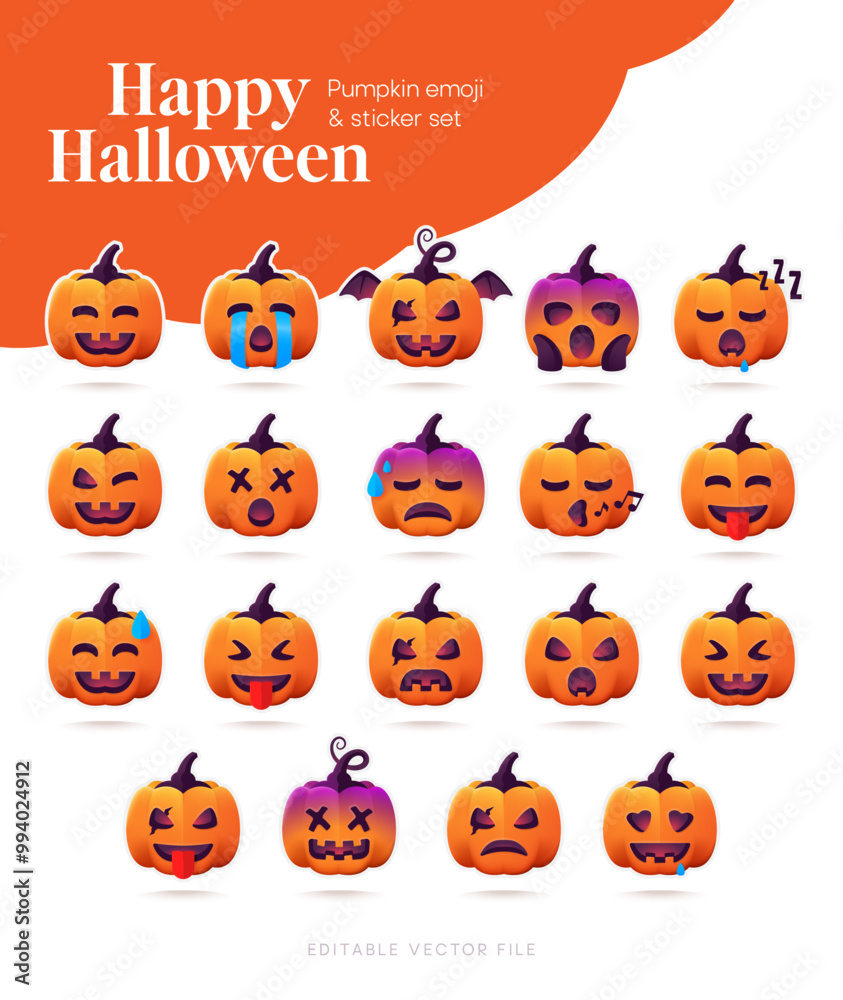 Fototapeta premium Halloween pumpkin emoji & sticker set