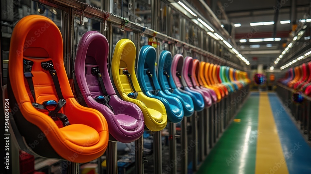 Colorful child safety car seats lined up in a manufacturing facility showcasing vibrant designs and attention to quality control Colorful child safety car seats lined up in a manufacturing facility showcasing vibrant designs and attention to quality control