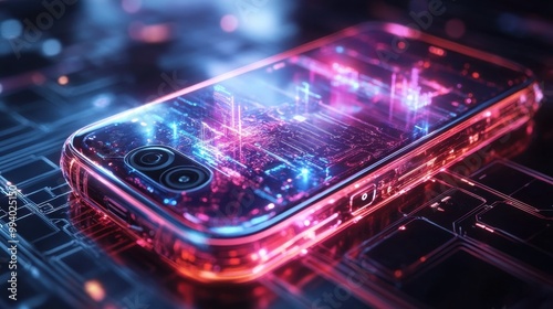 A glowing smartphone on a futuristic circuit board reflecting vibrant colors in a high-tech digital environment at night