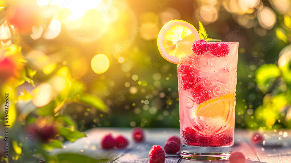 A glass of pink drink with a slice of lemon and raspberries A glass of pink drink with a slice of lemon and raspberries