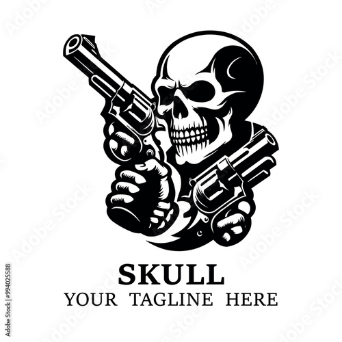 Skull aiming with two revolvers on white background