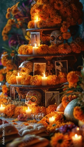 Vibrant Day of the Dead Ofrenda with Marigolds, Candles, and Photographs - Perfect for Holiday Decor Design