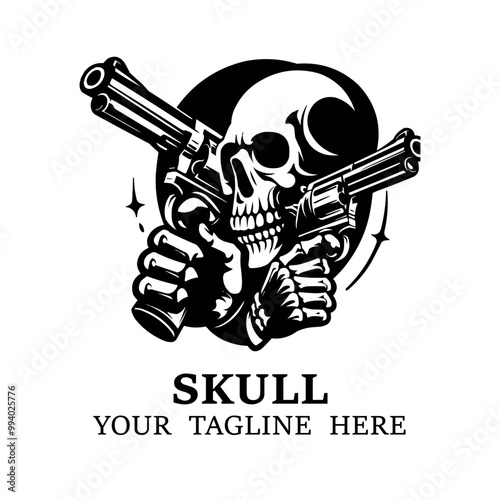 Skull aiming with two revolvers on white background