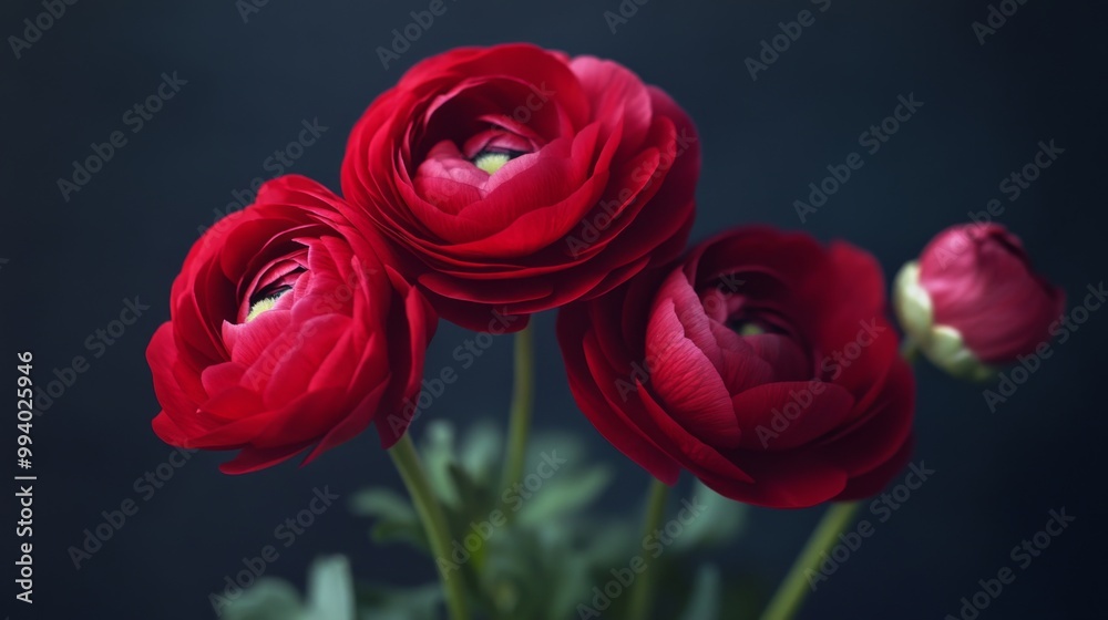 Three red ranunculus flowers with a bud in the background. Three red ranunculus flowers with a bud in the background.