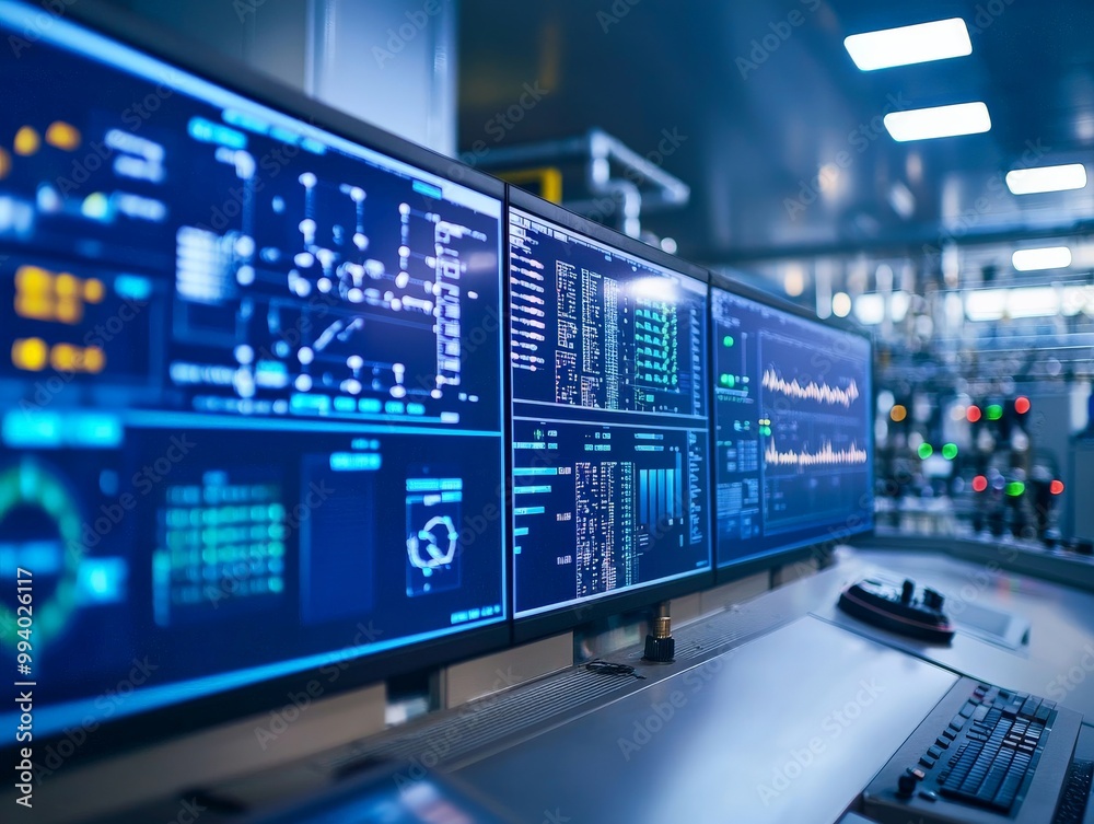 A detailed image of a control room overseeing the operation of an industrial piping network, with digital displays showing flow rates, pressures, and other key metrics