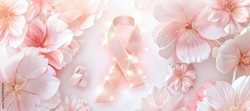 Elegant Breast Cancer Awareness Poster with Glowing Pink Ribbon and Pastel Flowers Elegant Breast Cancer Awareness Poster with Glowing Pink Ribbon and Pastel Flowers