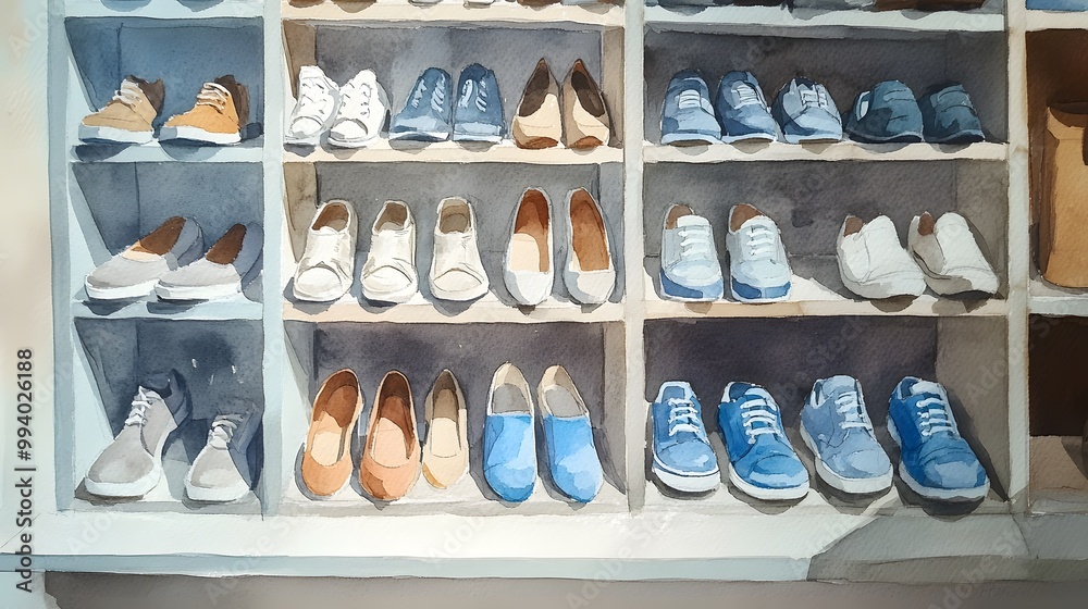custom made wallpaper toronto digitalWatercolor Artistic using soft, brushy watercolor strokes, Single object picture Closet/Walk-in Closet â€“ a well-arranged shelf displaying shoes of different styles