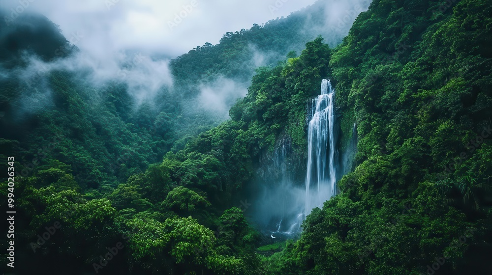 majestic cascading waterfall winding through lush green mountains mist rising from turbulent waters dense tropical foliage framing the scene majestic cascading waterfall winding through lush green mountains mist rising from turbulent waters dense tropical foliage framing the scene