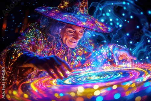 Colorful sorcerer casting spells with glowing, swirling magic. photo