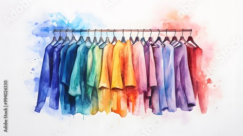 Watercolor Artistic using soft, brushy watercolor strokes, Single object picture Closet/Walk-in Closet â€“ a set of clothing hangers holding colorful garments