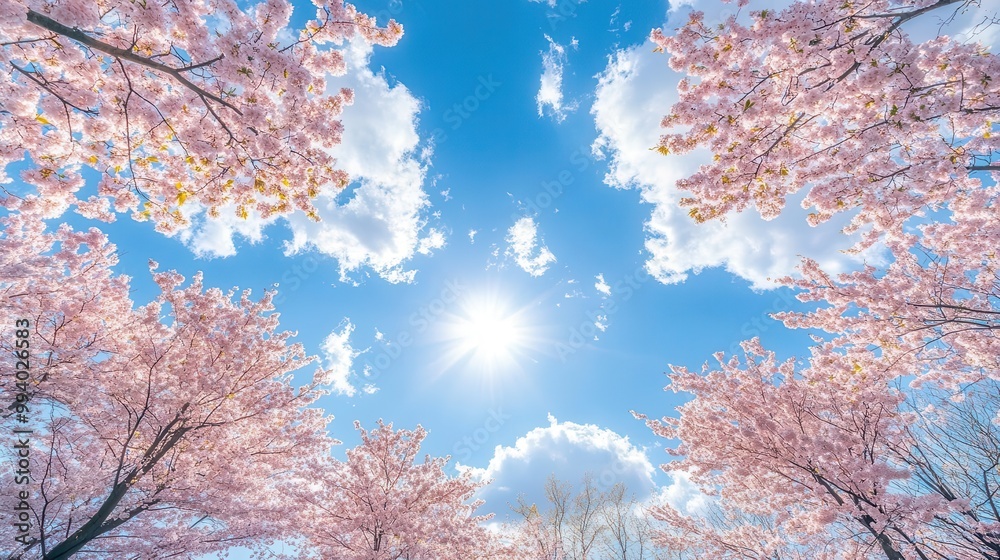 majestic cherry blossom trees in full bloom against vibrant blue sky scattered white clouds sunlight filtering through branches majestic cherry blossom trees in full bloom against vibrant blue sky scattered white clouds sunlight filtering through branches