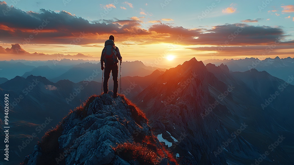 Fototapeta premium Male hiker overlooking breathtaking sunset in the mountains.