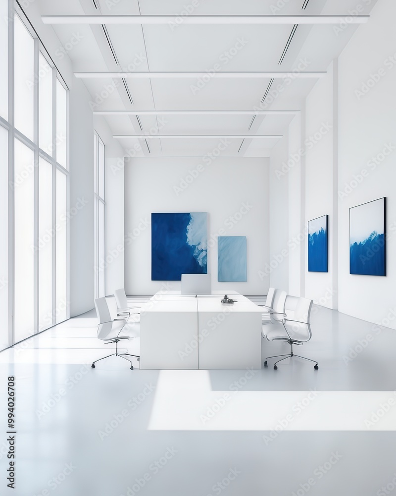 empty room with blue windows and wall. 3d render of a modern office room white color and blue color accent. modern office interior with office empty room with blue windows and wall. 3d render of a modern office room white color and blue color accent. modern office interior with office